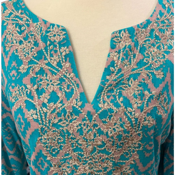 INC International Concepts embroidered tunic top size large turquoise tan gold - Picture 2 of 9